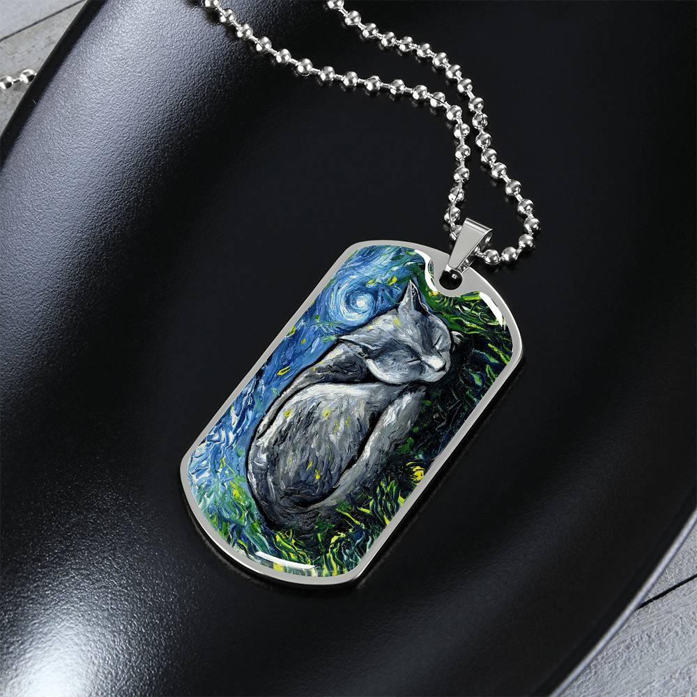Russian Blue Cat Starry Night Dog Tag Necklace
