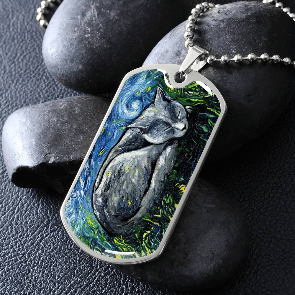 Russian Blue Cat Starry Night Dog Tag Necklace