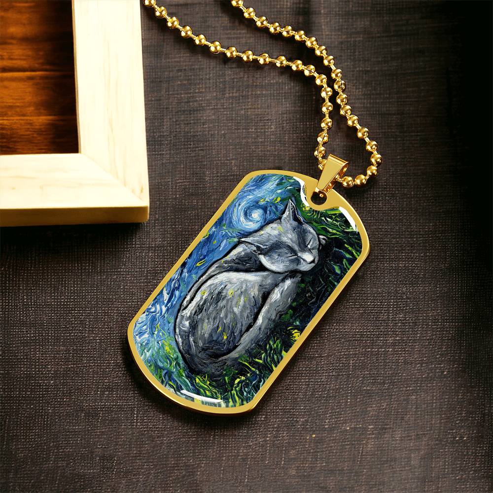 Russian Blue Cat Starry Night Dog Tag Necklace
