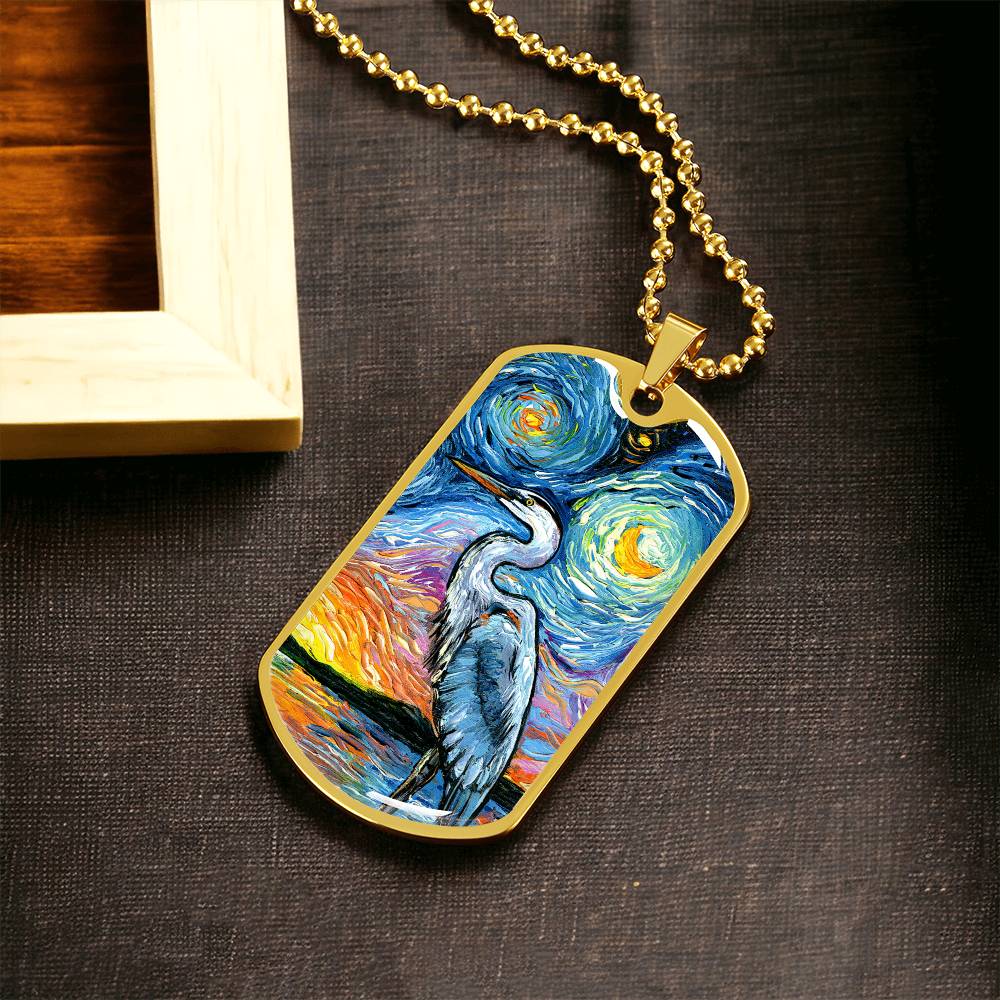 Blue Heron Starry Night Dog Tag Necklace