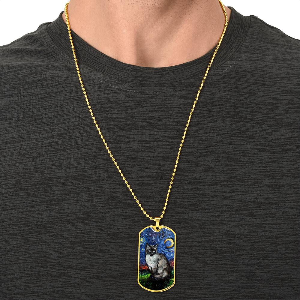 Siamese Cat Starry Night Dog Tag Necklace