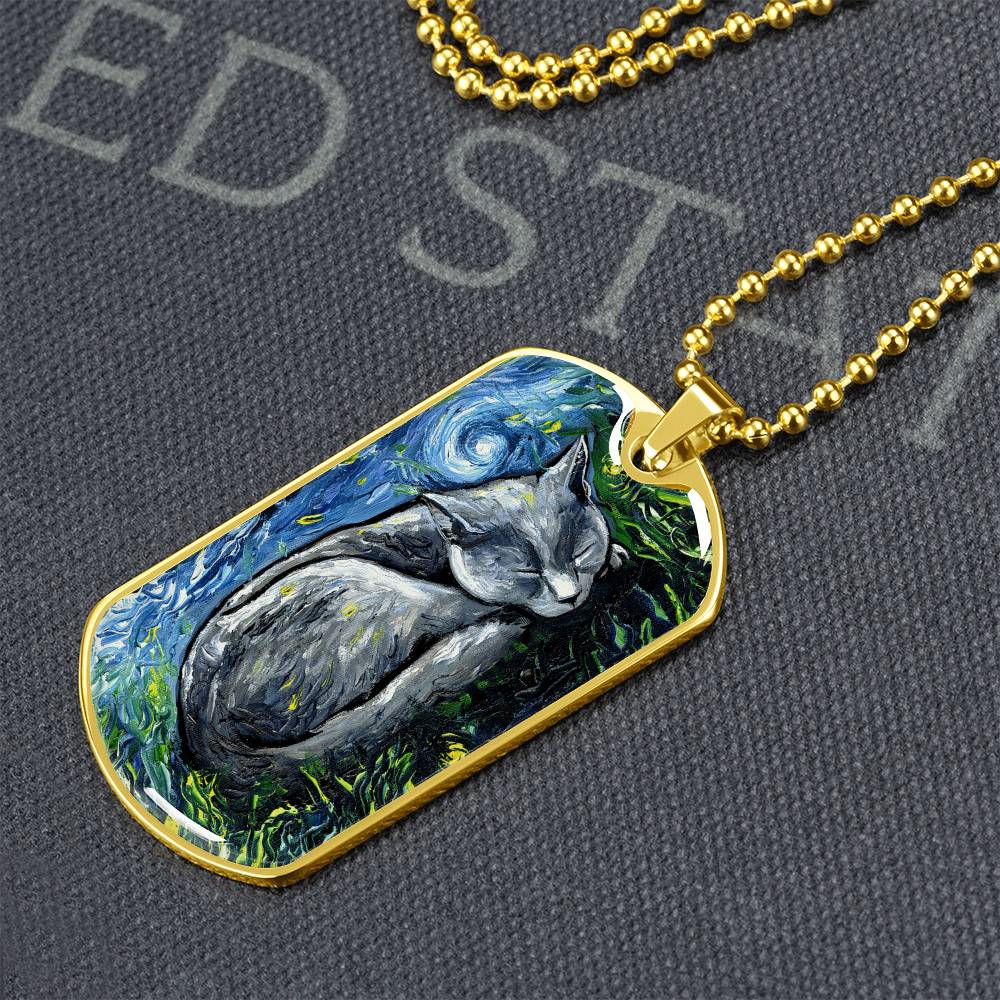 Russian Blue Cat Starry Night Dog Tag Necklace