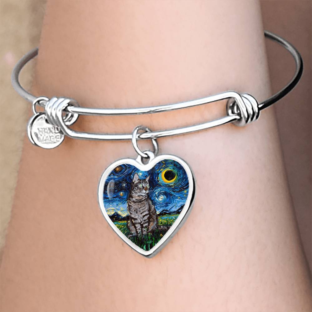 Tabby Cat Starry Night Heart Bangle Bracelet
