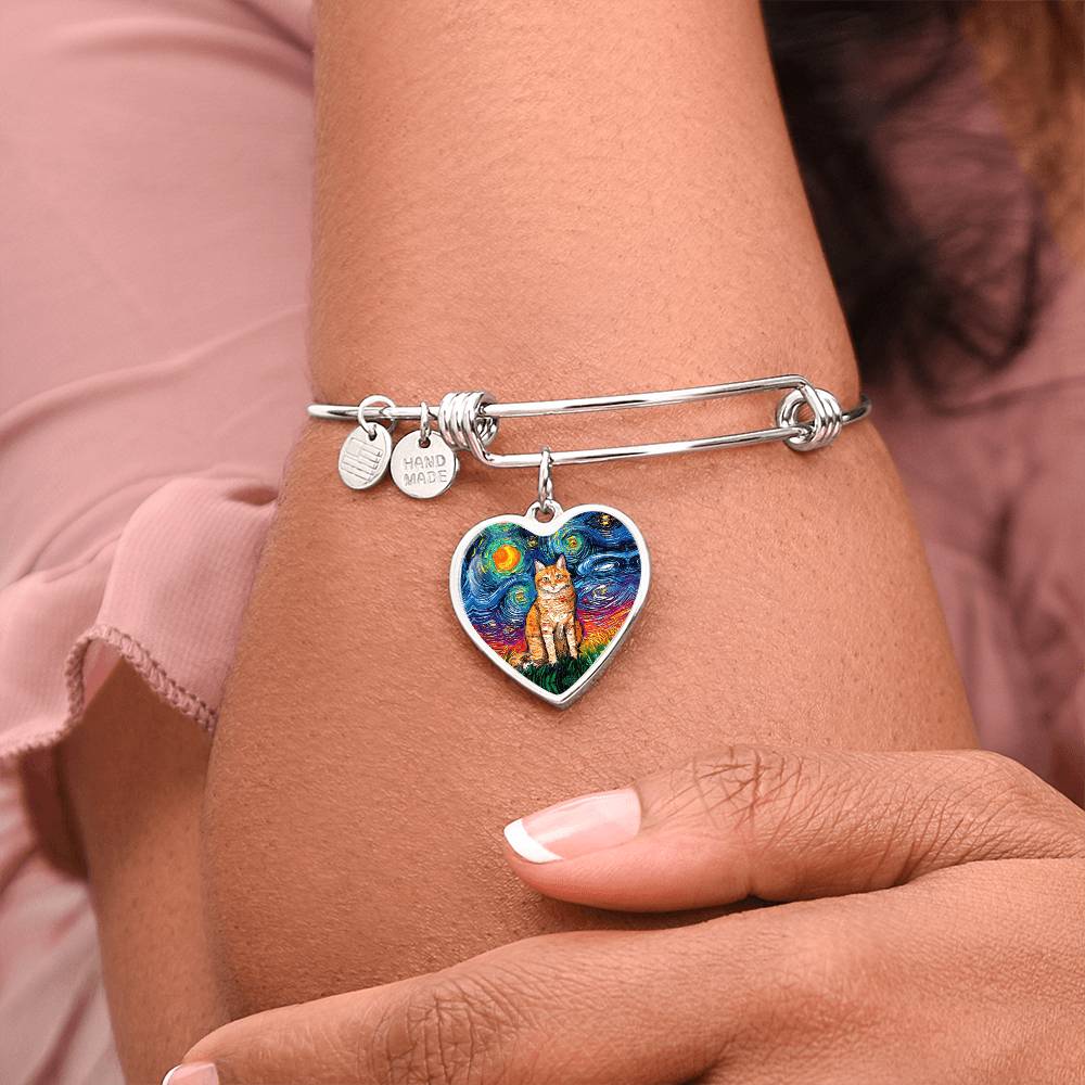 Seated Orange Tabby Cat Starry Night Heart Bangle Bracelet