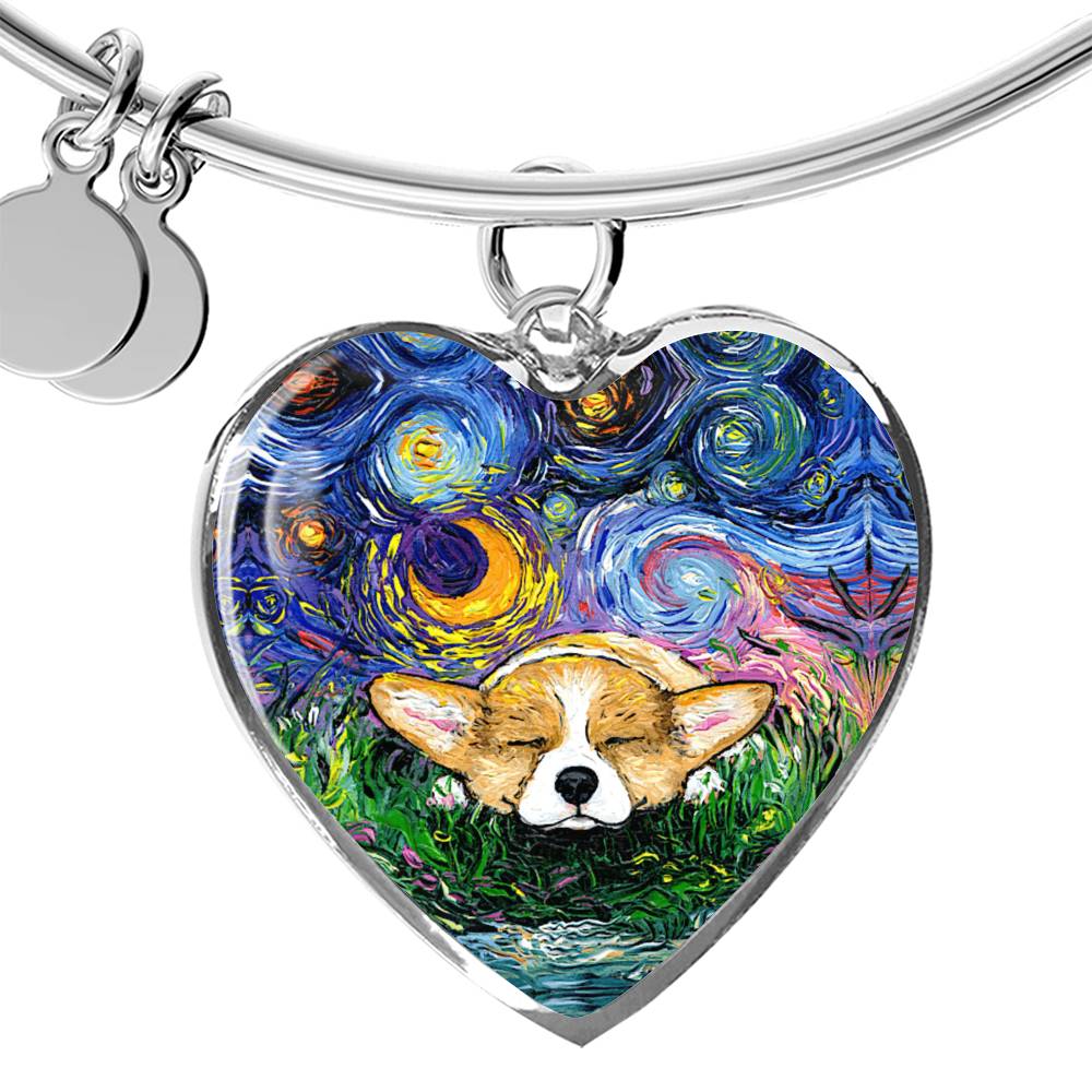 Sleeping Corgi Starry Night Heart Necklace