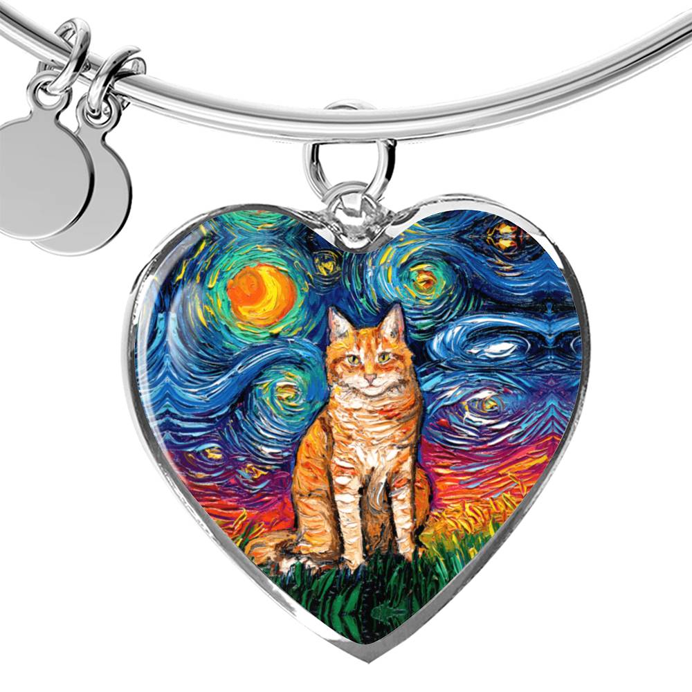 Seated Orange Tabby Cat Starry Night Heart Bangle Bracelet