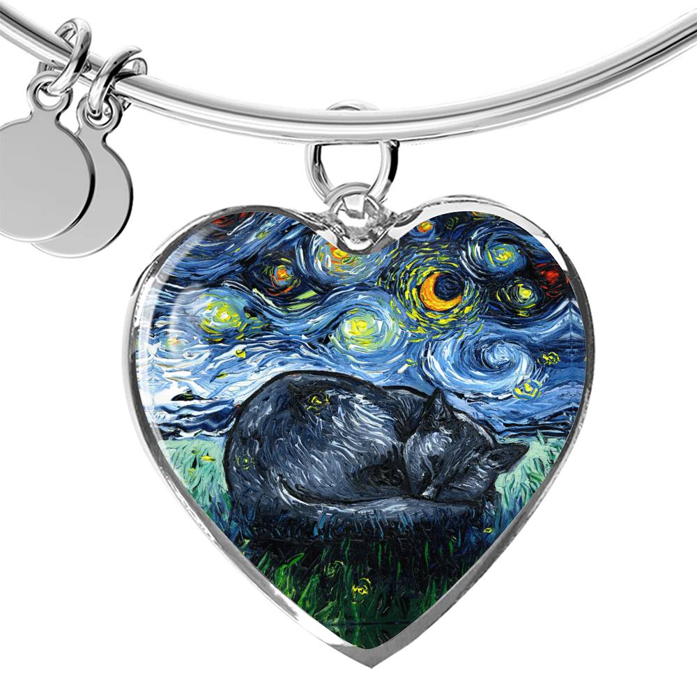 Sleeping Black Cat Starry Night Heart Bangle