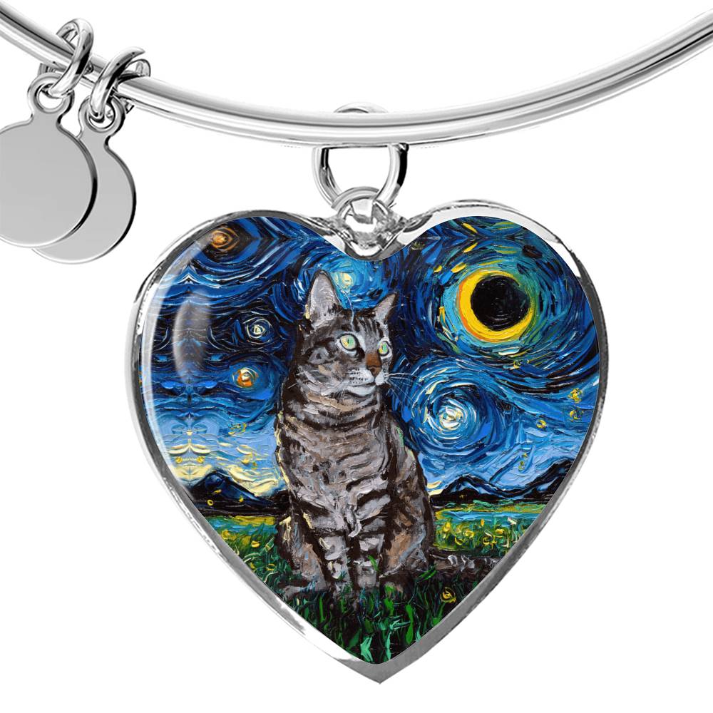 Tabby Cat Starry Night Heart Bangle Bracelet