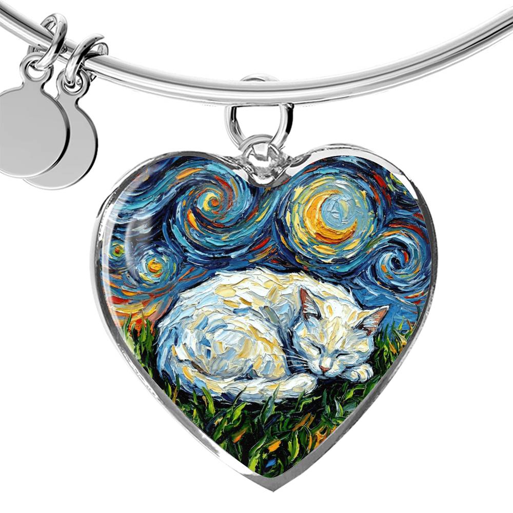 Sleepy White Cat Night Heart Bracelet