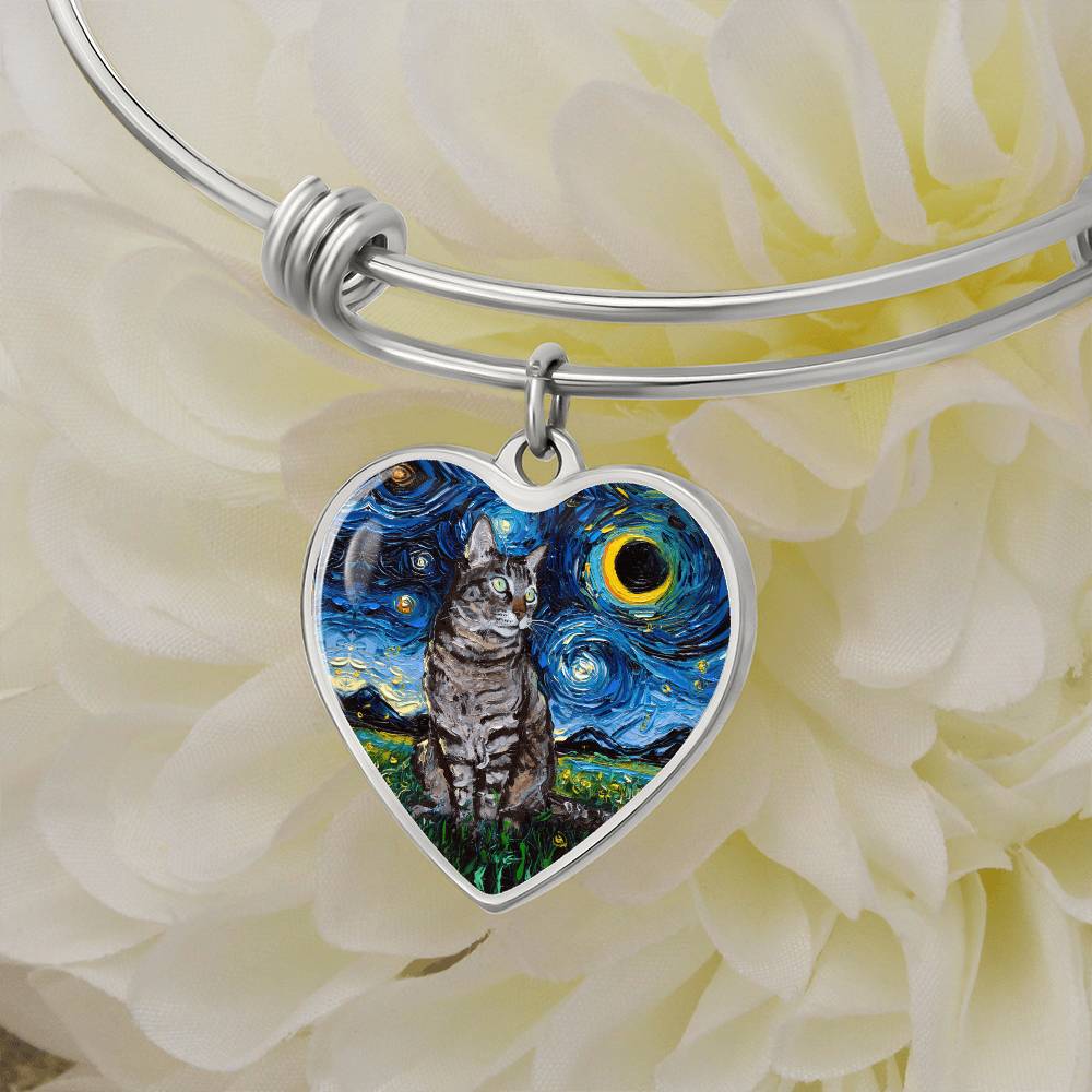 Tabby Cat Starry Night Heart Bangle Bracelet