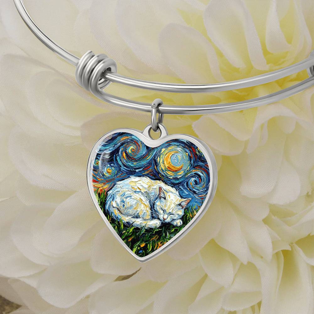 Sleepy White Cat Night Heart Bracelet