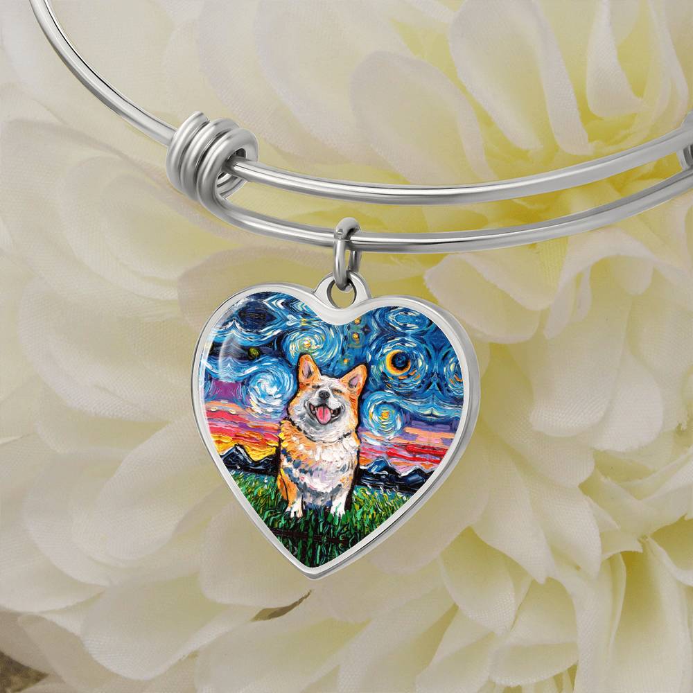 Smiling Corgi Starry Night Heart Bangle Bracelet