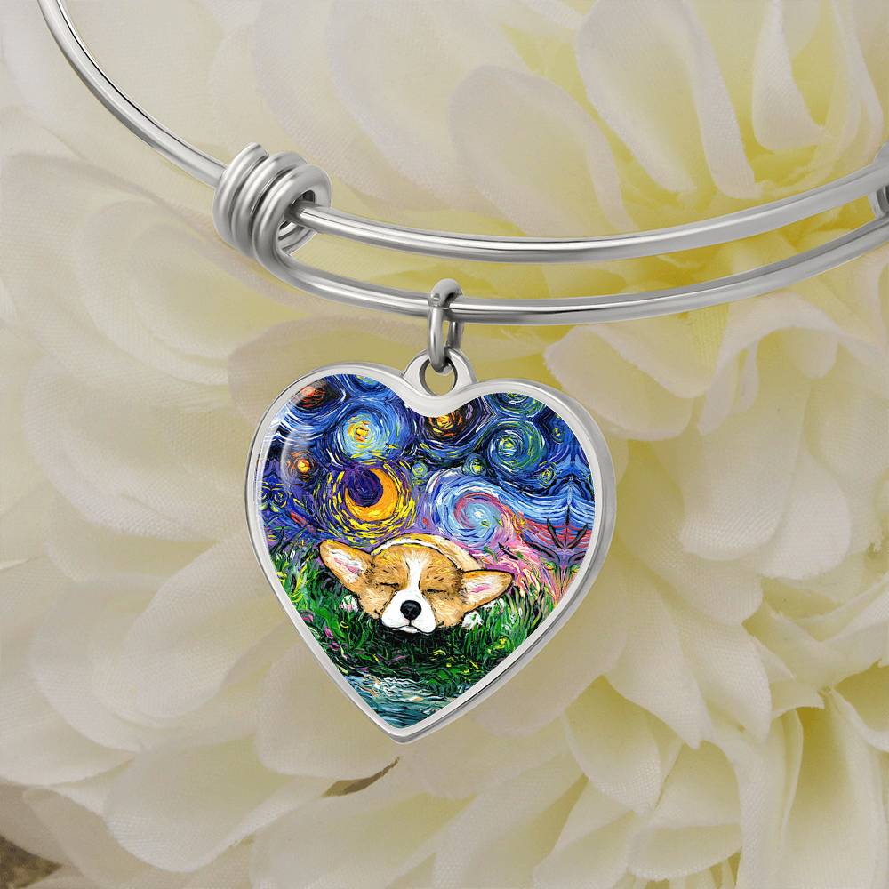 Sleeping Corgi Starry Night Heart Necklace