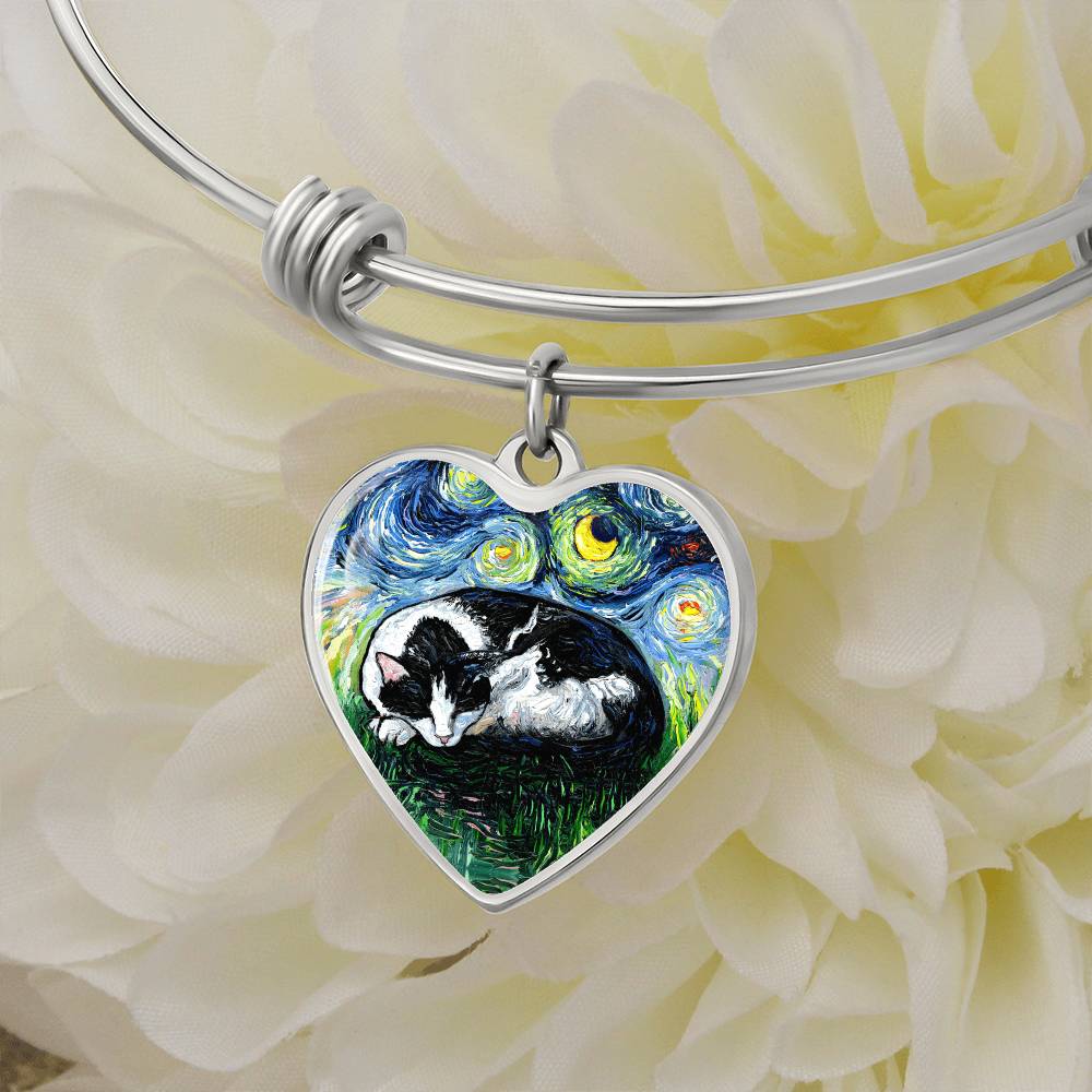 Sleeping Tuxedo Cat Starry Night Heart Bangle