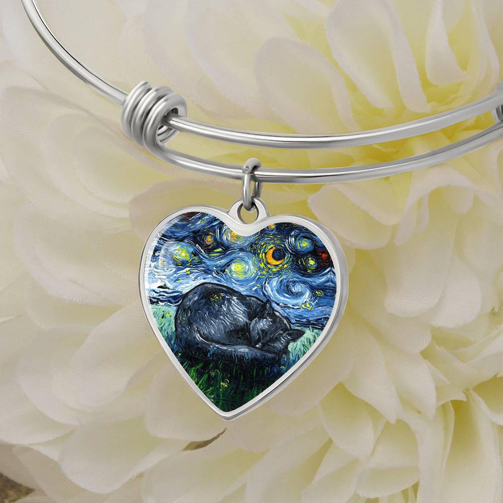 Sleeping Black Cat Starry Night Heart Bangle