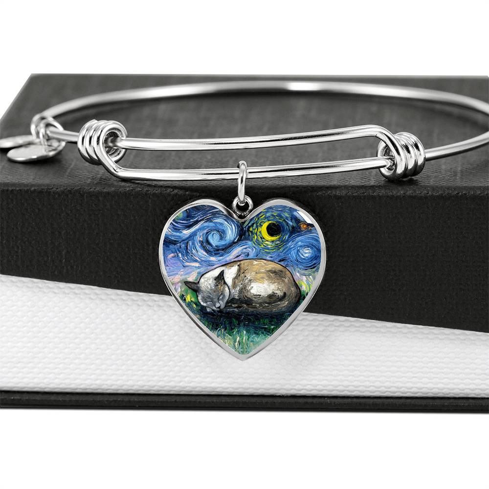 Sleeping Siamese Cat Starry Night Heart Bangle Bracelet