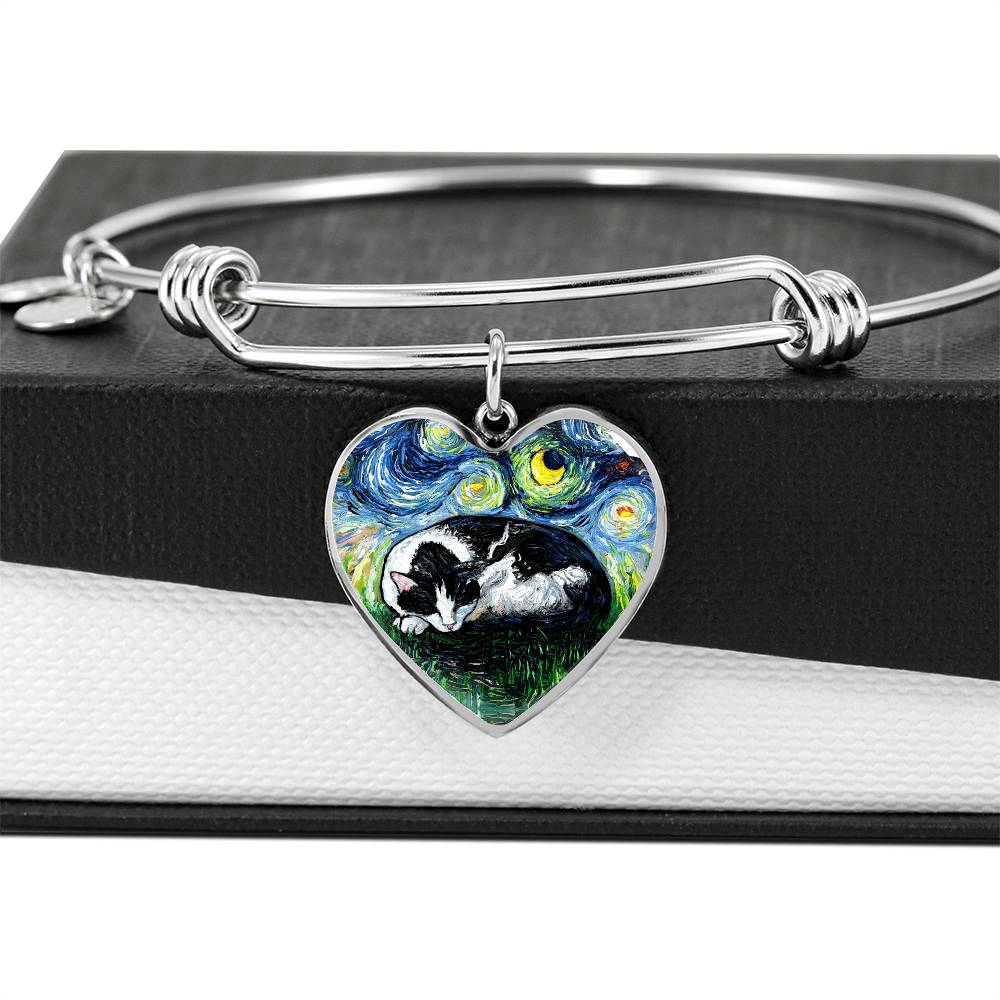 Sleeping Tuxedo Cat Starry Night Heart Bangle