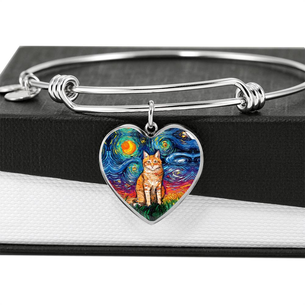 Seated Orange Tabby Cat Starry Night Heart Bangle Bracelet