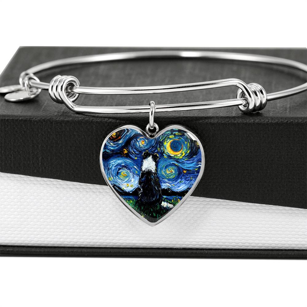 Border Collie Back Starry Night Heart Bangle Bracelet