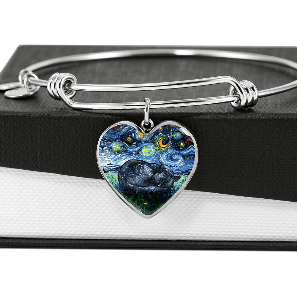 Sleeping Black Cat Starry Night Heart Bangle