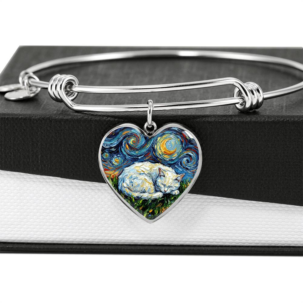 Sleepy White Cat Night Heart Bracelet