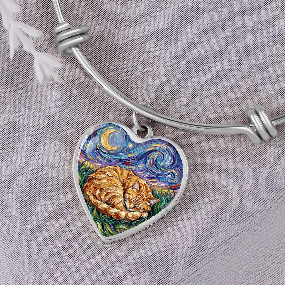 Sleepy Orange Tabby Night Heart Bracelet