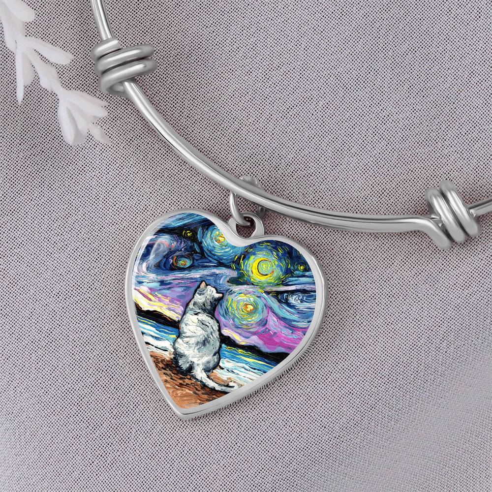 White Cat Starry Night Heart Bangle Bracelet