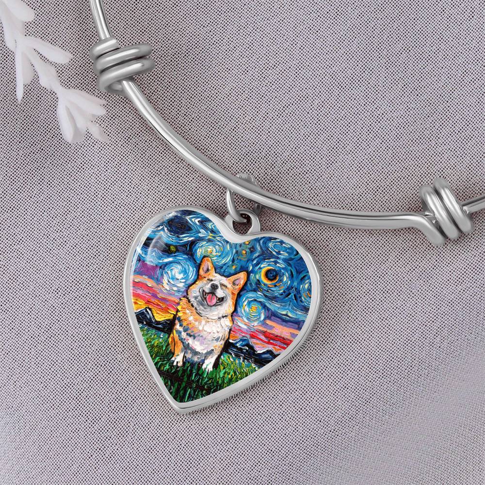 Smiling Corgi Starry Night Heart Bangle Bracelet