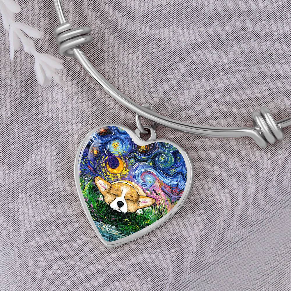 Sleeping Corgi Starry Night Heart Necklace