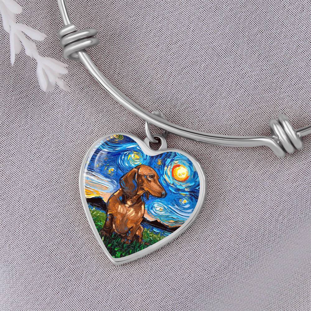 Brown Dachshund Starry Night Heart Bangle Bracelet