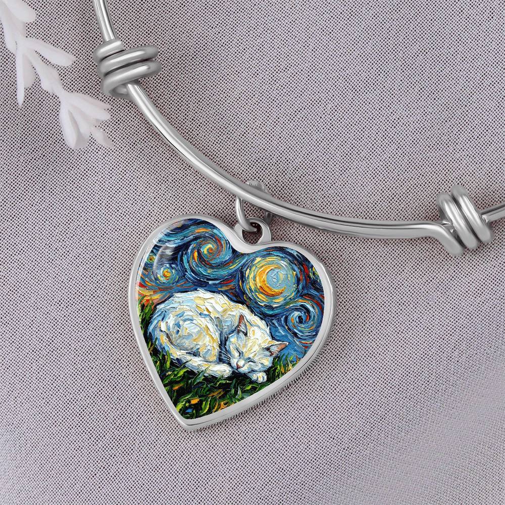 Sleepy White Cat Night Heart Bracelet