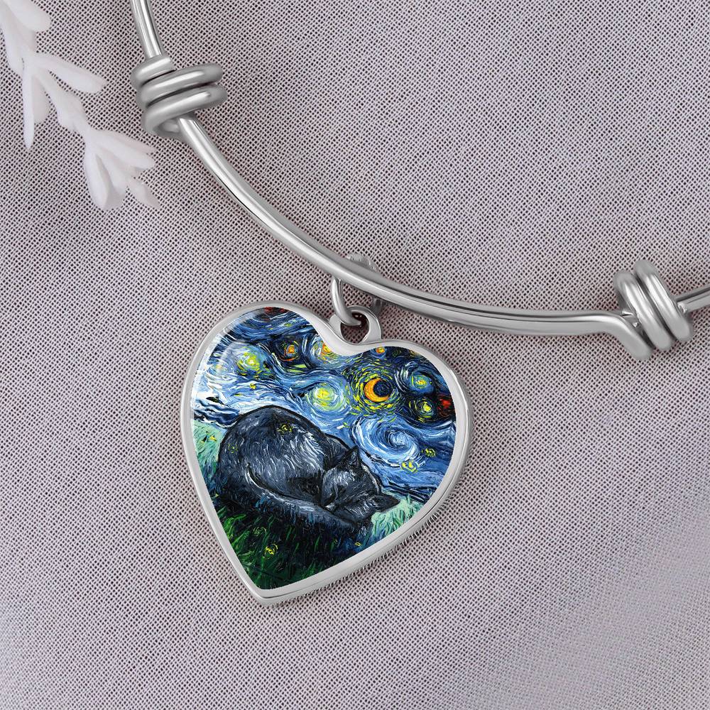 Sleeping Black Cat Starry Night Heart Bangle