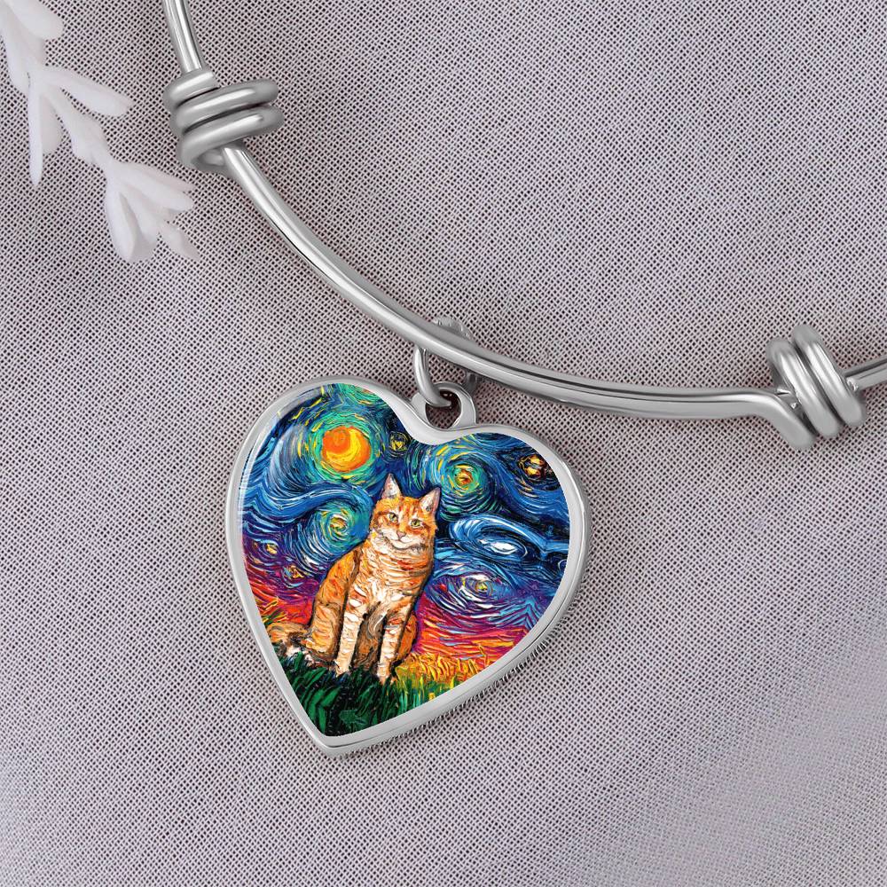 Seated Orange Tabby Cat Starry Night Heart Bangle Bracelet