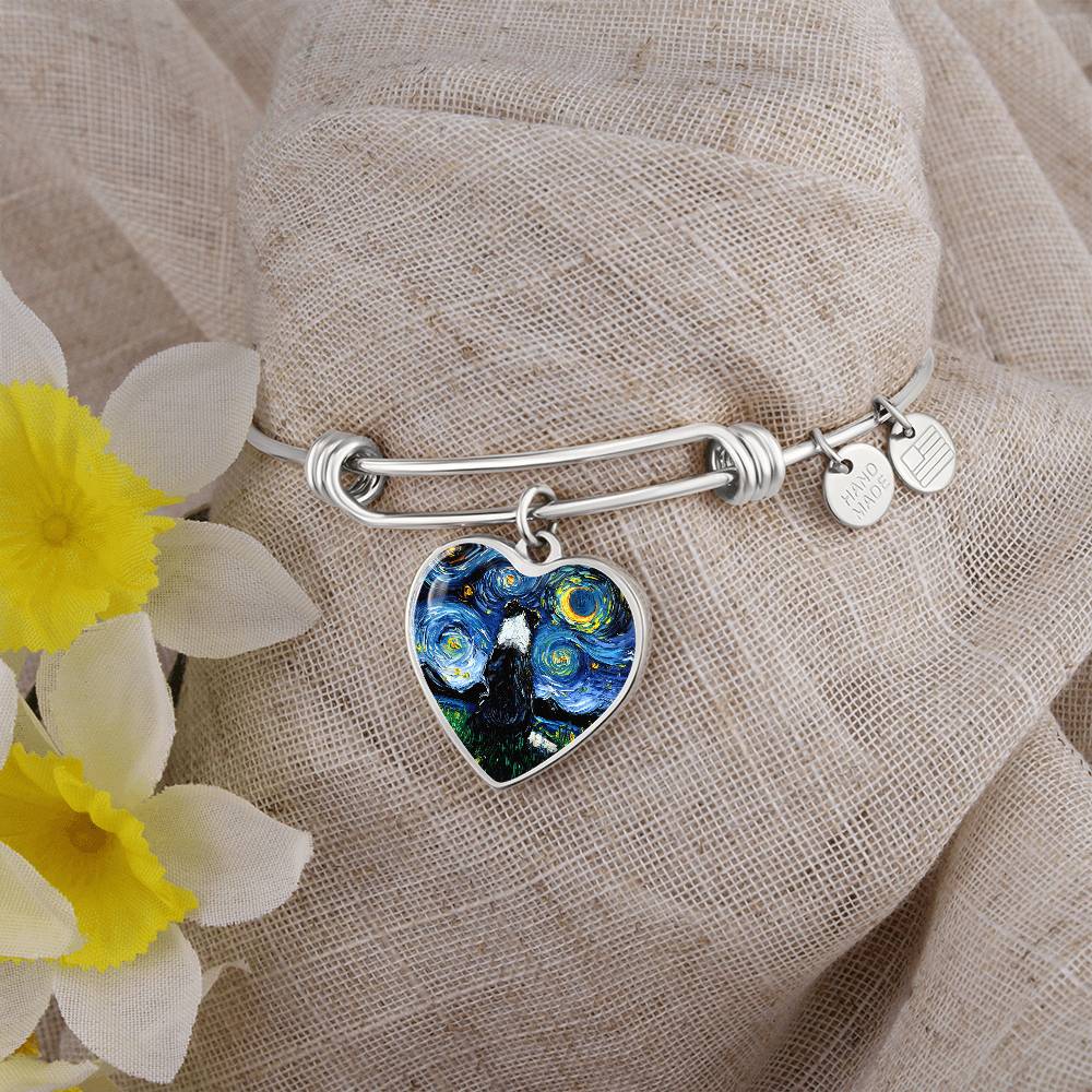 Border Collie Back Starry Night Heart Bangle Bracelet
