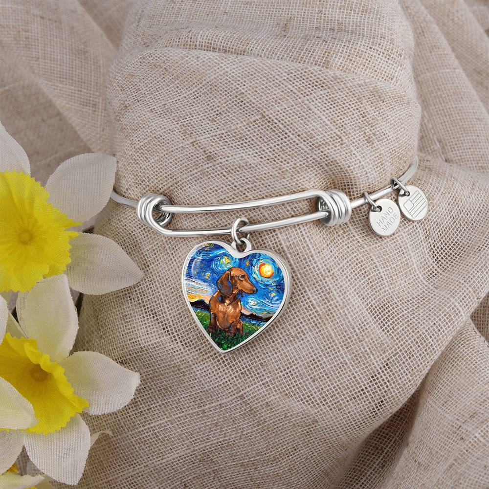 Brown Dachshund Starry Night Heart Bangle Bracelet