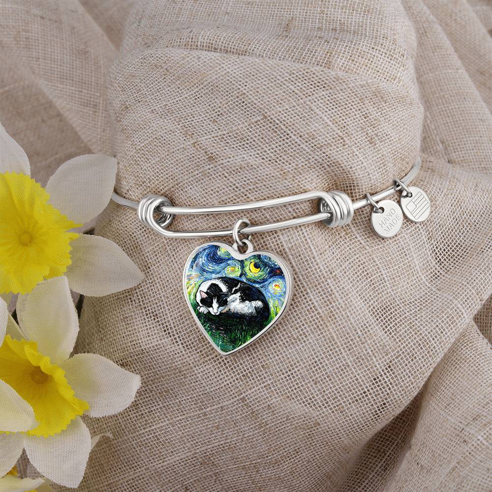 Sleeping Tuxedo Cat Starry Night Heart Bangle