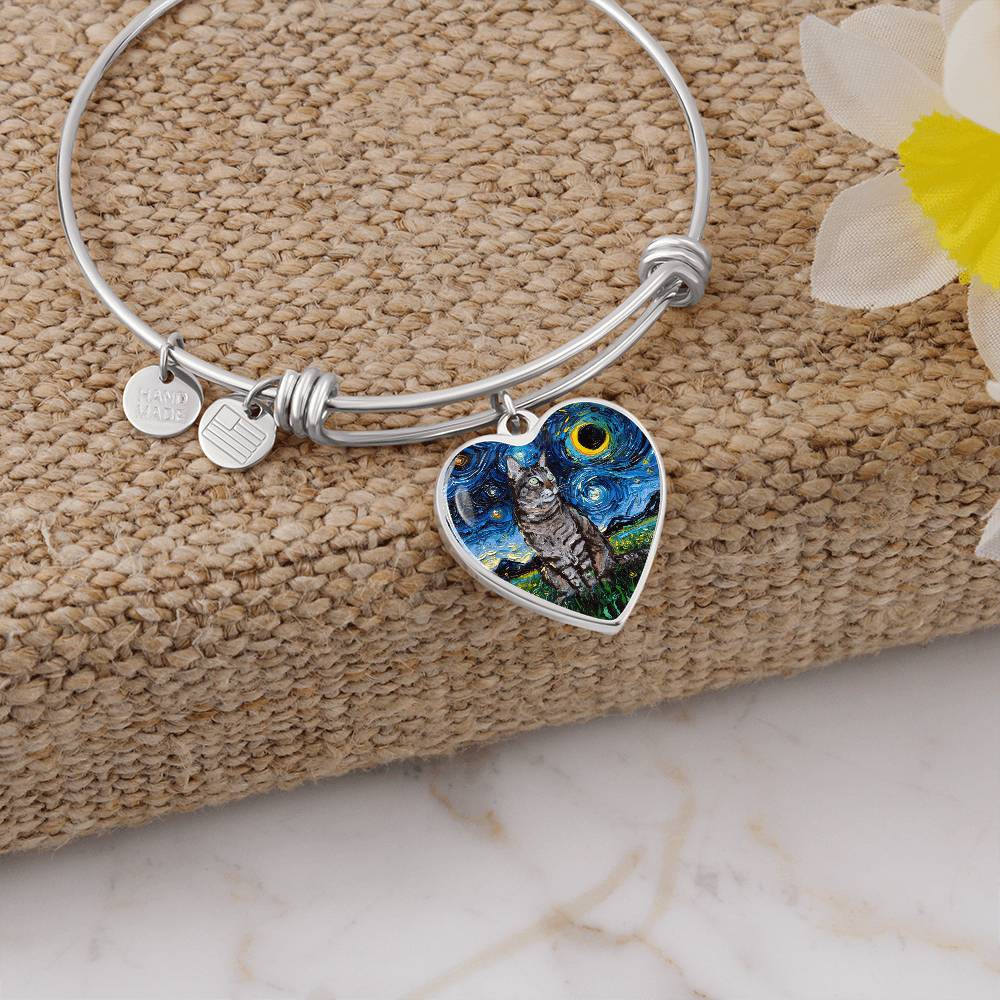 Tabby Cat Starry Night Heart Bangle Bracelet