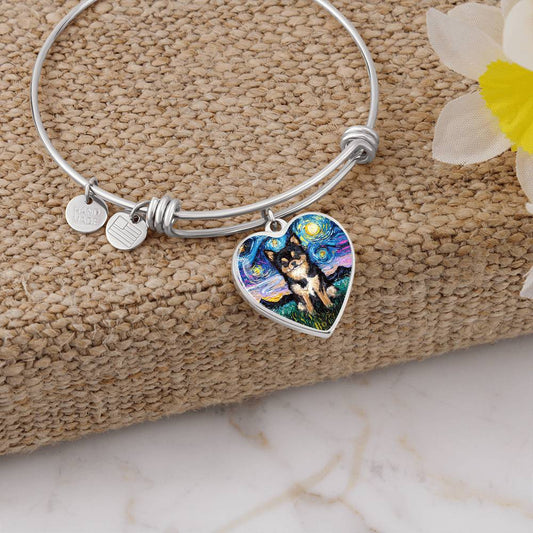 Black & Tan Long Hair Chihuahua Starry Night Heart Bangle