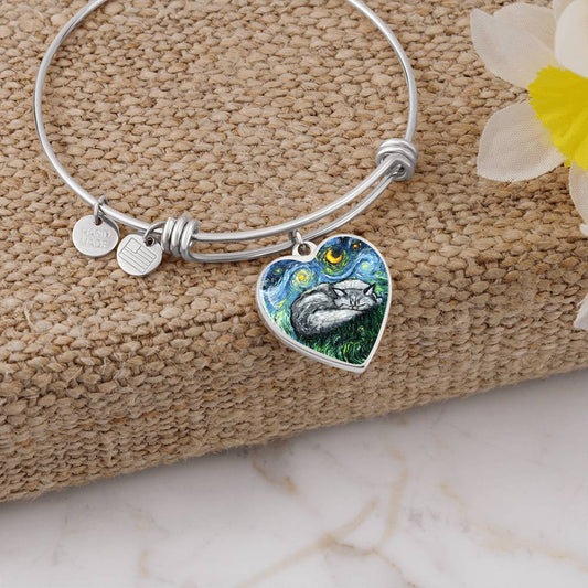 Sleeping Persian Cat Starry Night Heart Bangle Bracelet