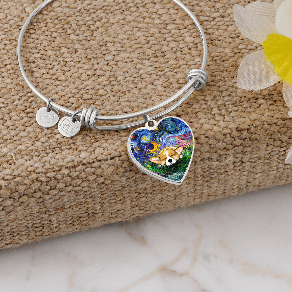 Sleeping Corgi Starry Night Heart Necklace