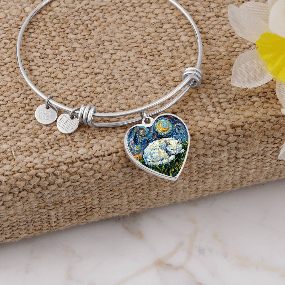 Sleepy White Cat Night Heart Bracelet
