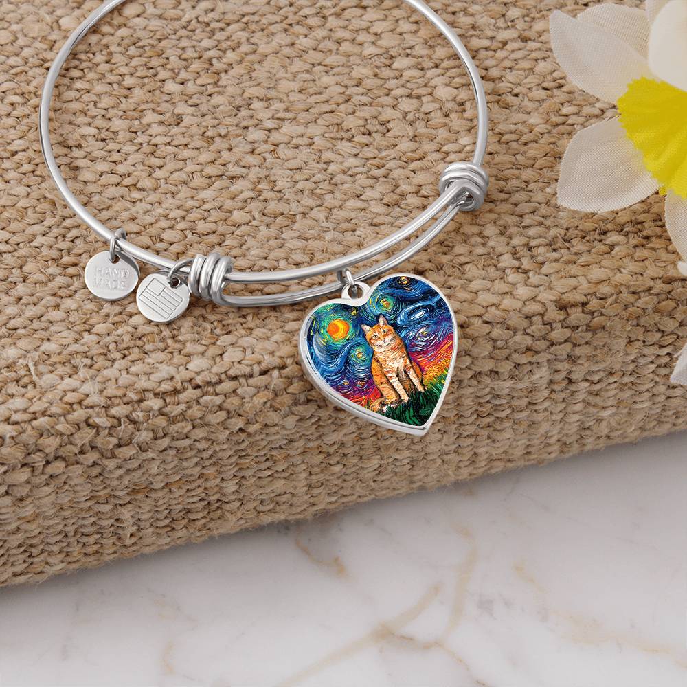 Seated Orange Tabby Cat Starry Night Heart Bangle Bracelet