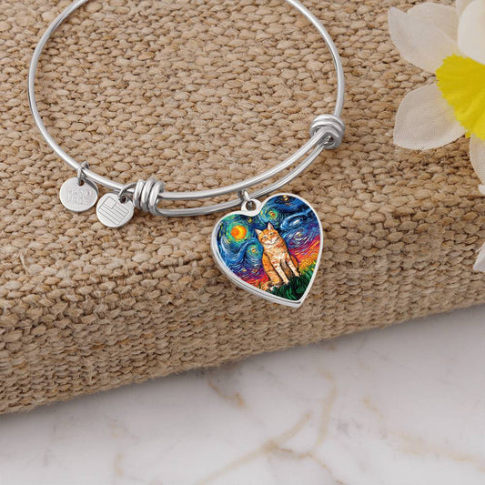 Seated Orange Tabby Cat Starry Night Heart Bangle Bracelet
