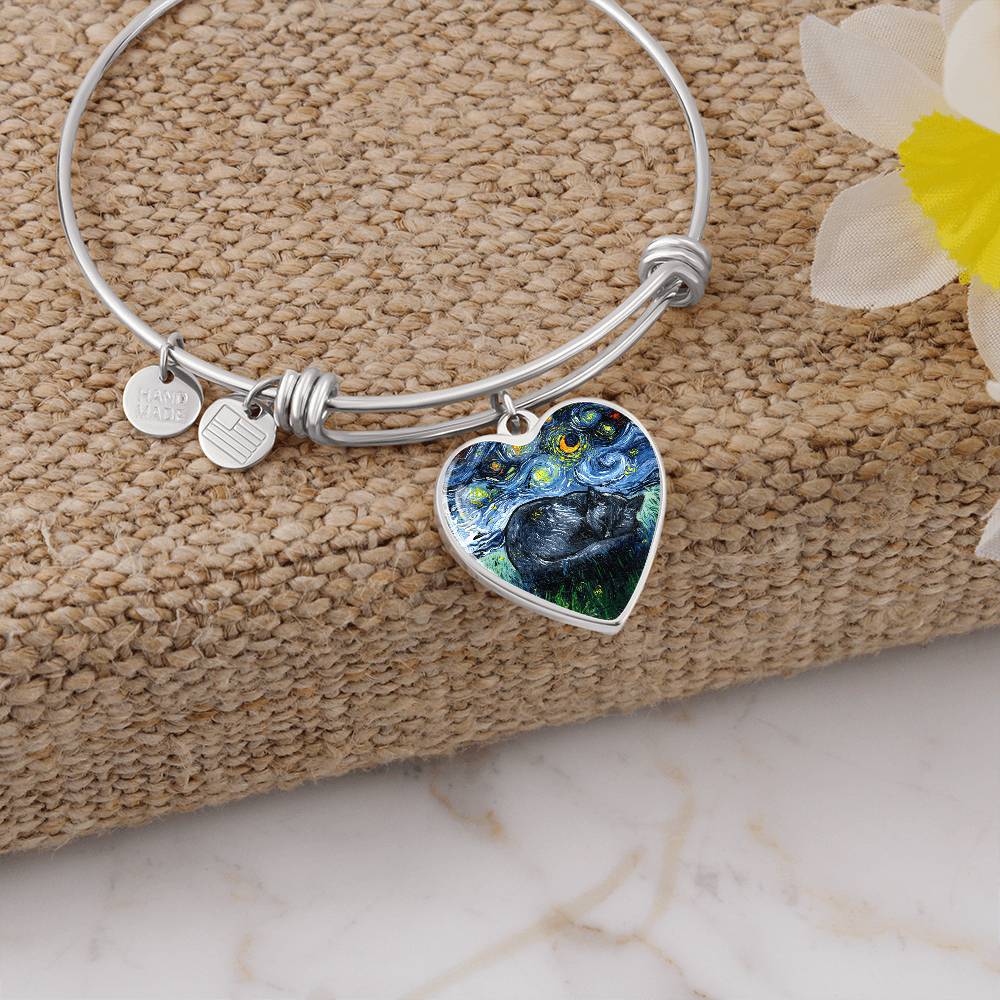 Sleeping Black Cat Starry Night Heart Bangle