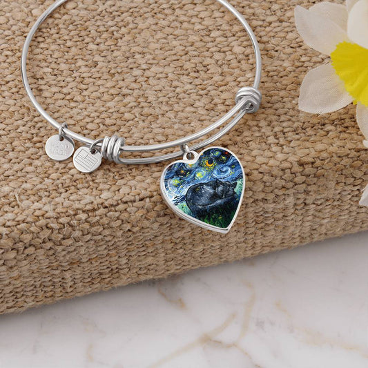 Sleeping Black Cat Starry Night Heart Bangle