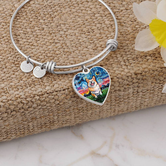 Smiling Corgi Starry Night Heart Bangle Bracelet