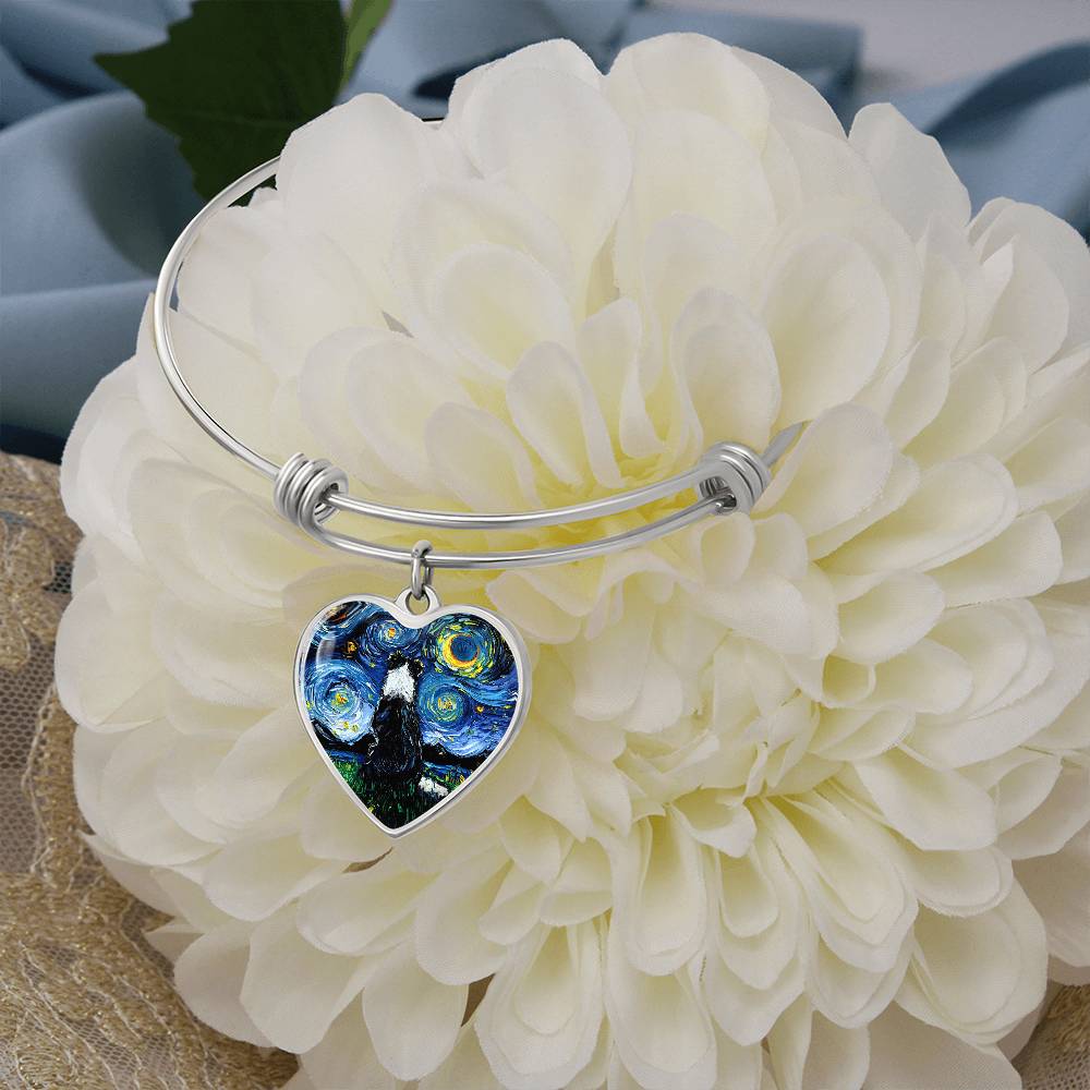 Border Collie Back Starry Night Heart Bangle Bracelet