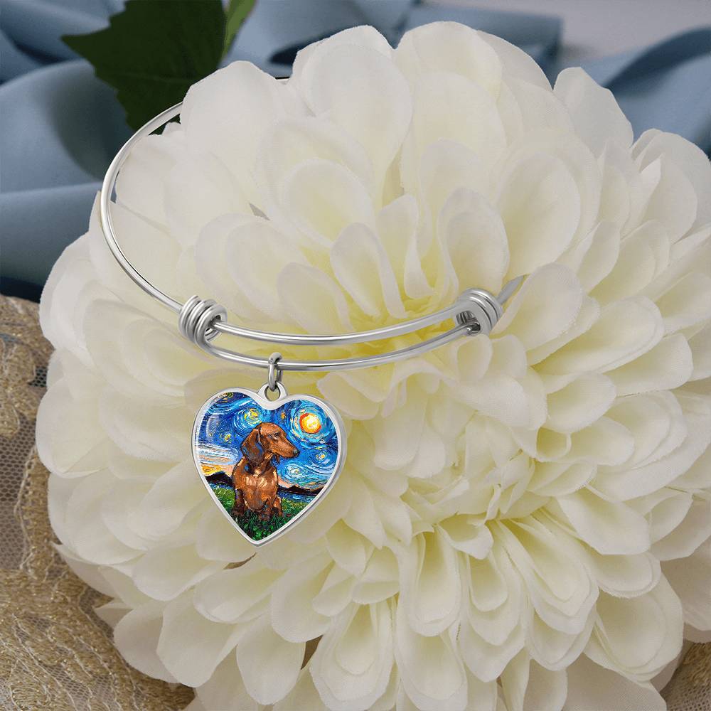Brown Dachshund Starry Night Heart Bangle Bracelet