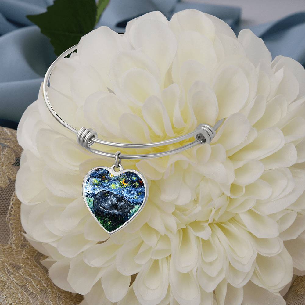 Sleeping Black Cat Starry Night Heart Bangle