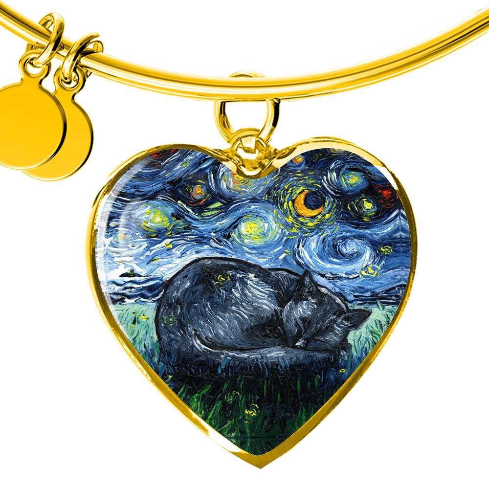 Sleeping Black Cat Starry Night Heart Bangle